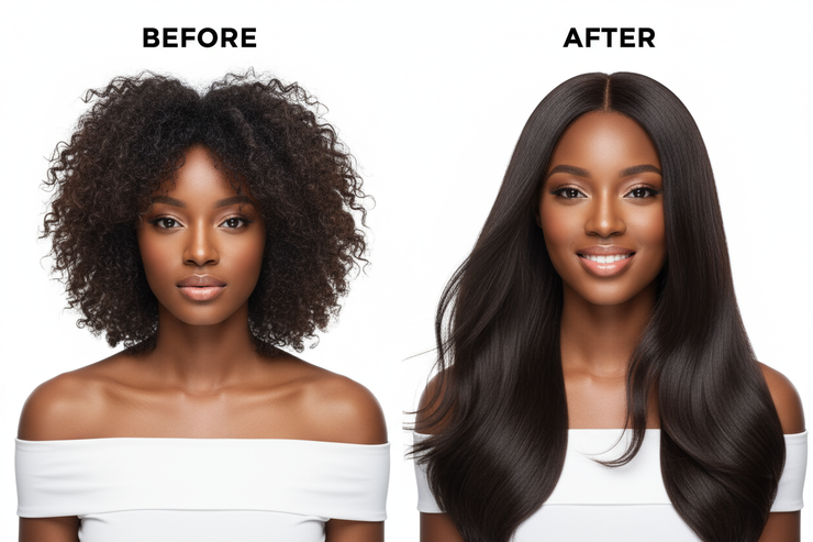 before and after of a pretty black woman hair. before picture is mid length frizzy and dry and after picture is long and soft