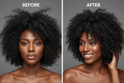 before and after picture of a black woman with curly hair. showcase one picture of her hair dry and the other of her hair soft silky and moisturized 