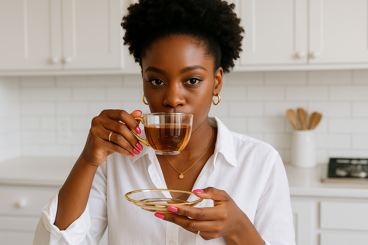 keep same photo but take the herbs out of the tea cup and she's just drinking tea